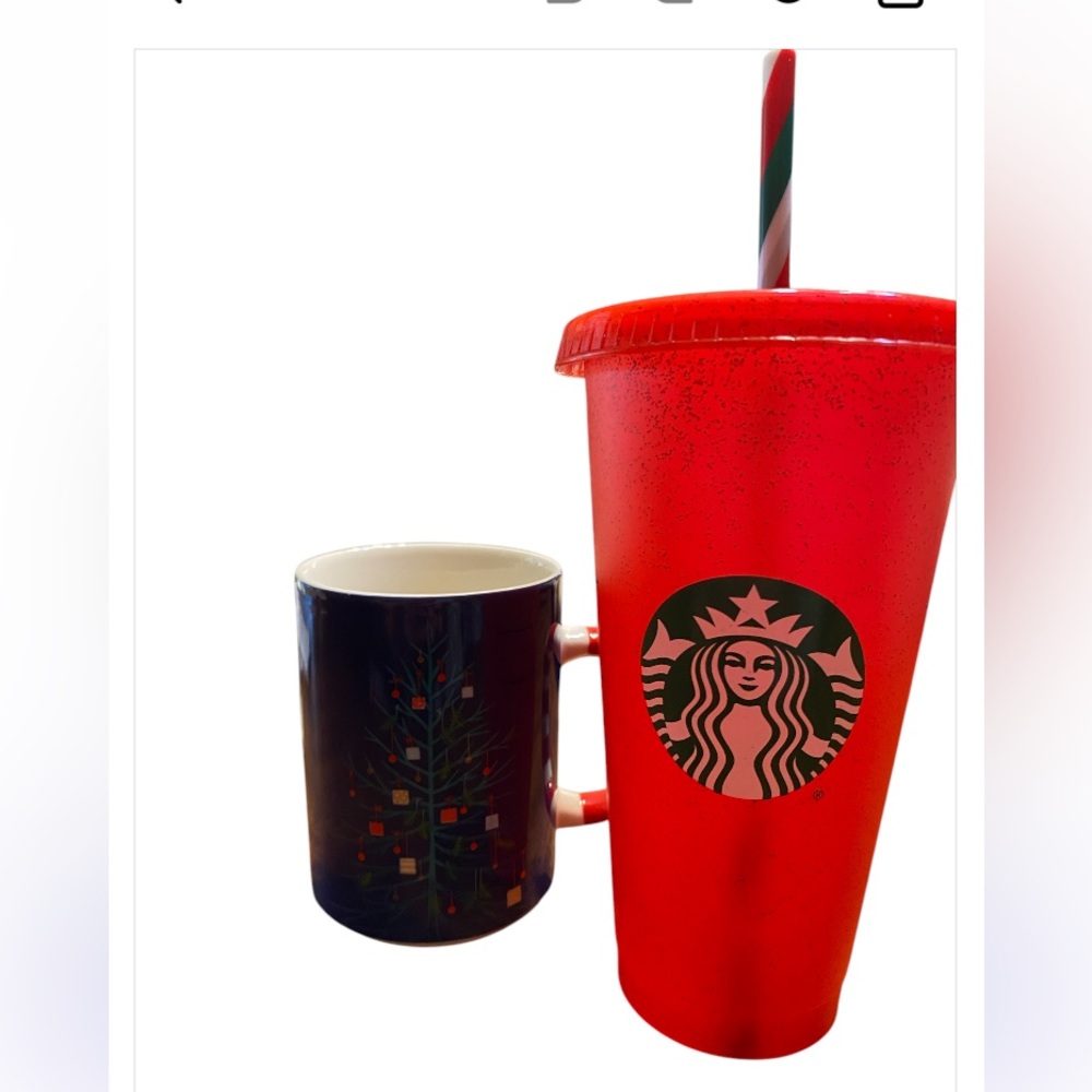 Starbucks Christmas Mug and 2023 Holiday Red glitter cup.
